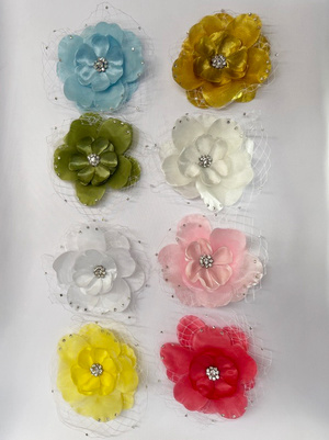 Flower hair clips with Rhinestone & White fishnet accents